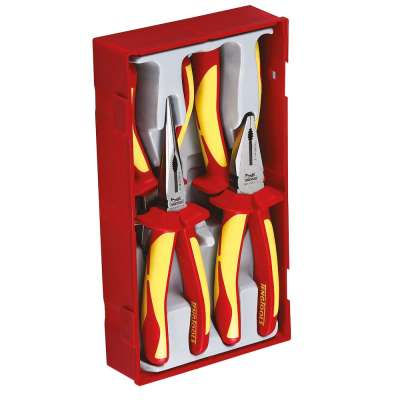 Conjunto de ferramentas com cabos vermelhos e amarelos numa caixa vermelha