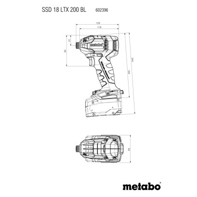 Desenho técnico de uma ferramenta elétrica SSD 18 LTX 200 BL da Metabo com dimensões.