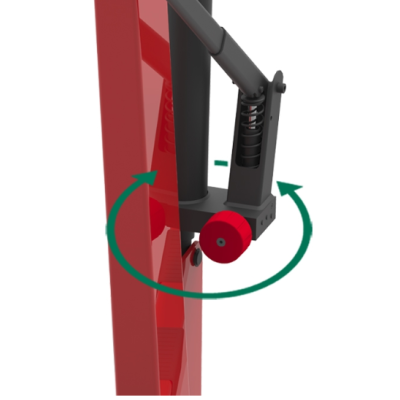 Peça mecânica vermelha e cinza com mola e setas verdes indicadoras de movimento