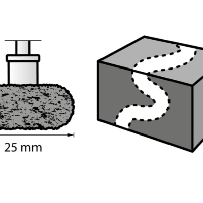 Desenho técnico a preto e branco de objeto com medida e cubo com caminho tracejado.