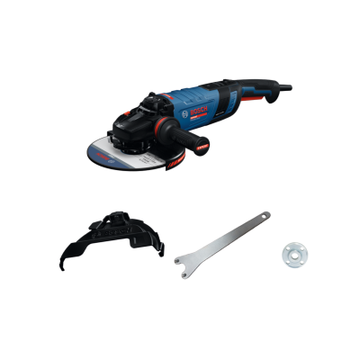 Esmerilhadora elétrica BOSCH com acessórios sobre fundo branco