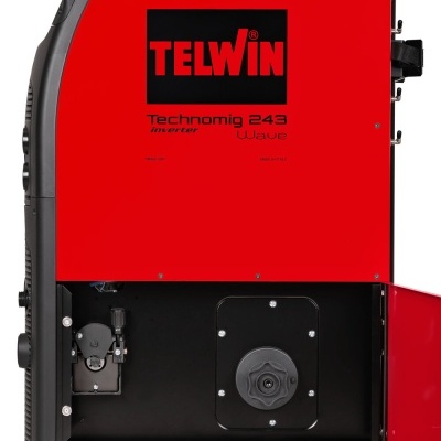 Máquina de soldar vermelha e preta TELWIN Technomig 243 inverter Wave com painel lateral aberto