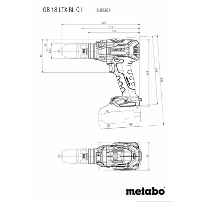 Desenho técnico de parafusadeira Berbequim Metabo com dimensões e texto