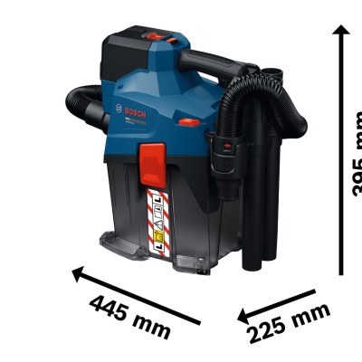 Aspirador Bosch azul e preto com mangueira e dimensões indicadas
