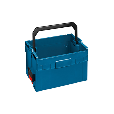 Caixa organizadora azul com alça preta e fecho vermelho