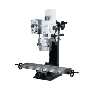 Máquina de fresar vertical metálica preta e branca com painel digital azul e mesa de metal