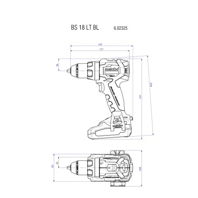 Desenho técnico em preto e branco de uma furadeira/parafusadora com dimensões.