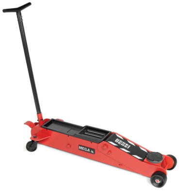 Macaco hidráulico portátil vermelho com punho e rodas pretas