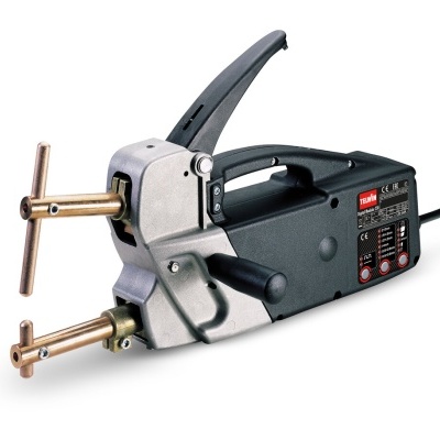 Máquina elétrica de soldadura ponto cinzenta e preta com matriz metálica e alavancas