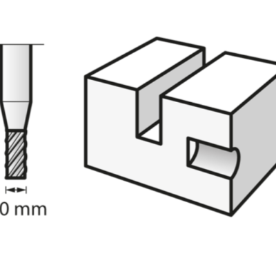 Desenho técnico de ferramenta de corte e peça com entalhe e indicação de 2,0 mm
