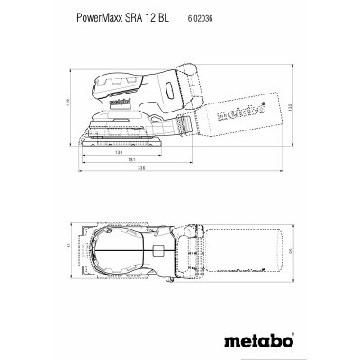 Desenho técnico de lixadora PowerMaxx SRA 12 BL Metabo com dimensões