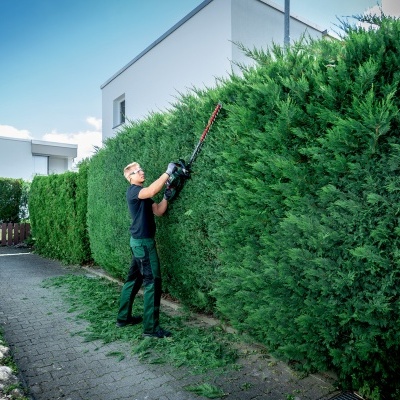 Homem a cortar sebes verdes densas com aparador elétrico num jardim