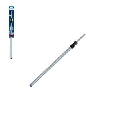 Barra extensora metálica prateada com acabamento em azul e preta num fundo branco.