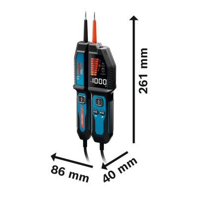 Multímetro Bosch com dois dispositivos de medição, visor digital e etiquetas visíveis