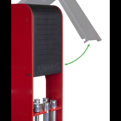 Dispositivo metálico vermelho com pesos e tampa preta removível