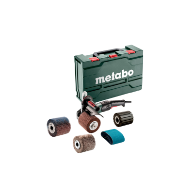 Conjunto de ferramentas Metabo com caixa verde escura e ferramenta elétrica preta com rolos abrasivos