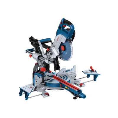 Serra de esquadria elétrica Bosch azul, metálica e plástica, com lâmina circular.