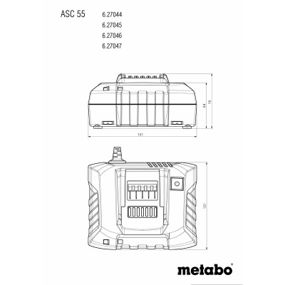 Desenho técnico a preto e branco de uma bateria Metabo ASC 55