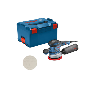 Esmerilhadora elétrica Bosch azul, caixa de armazenamento e disco abrasivo
