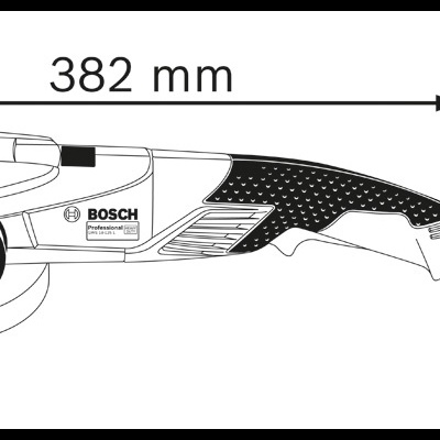 Esmeriladora angular BOSCH preta e branca com pega lateral preta e cabo elétrico, medidas 382x102 mm