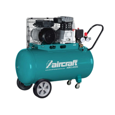 Compressor de ar azul-turquesa com motor preto e manómetros