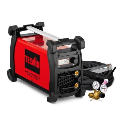 Maquina de soldar TELWIN vermelha e preta com cabos e regulador de pressão.
