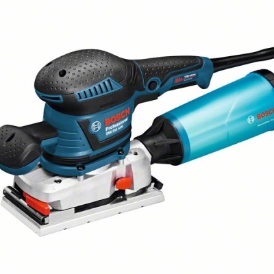 Lixadora elétrica Bosch Professional azul e preta com depósito coletor azul claro