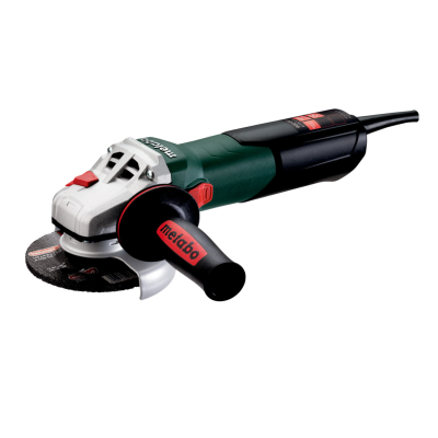 Esmerilhadora elétrica Metabo verde, preta e cinza com disco abrasivo e puxador lateral