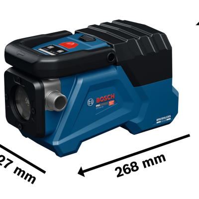 Bomba de água Bosch Pro azul e preta com botão vermelho e dimensões
