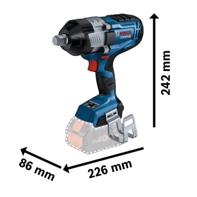 Chave de impacto Bosch Professional azul e preta com gancho metálico e dimensões indicadas