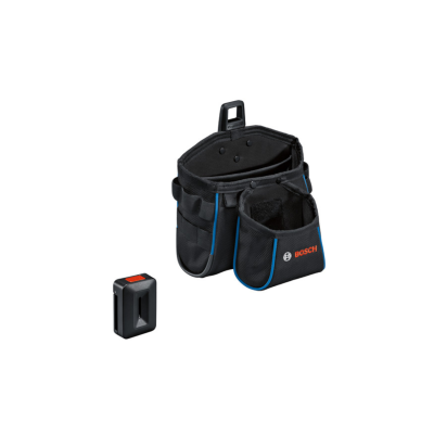 Bolsa de ferramentas Bosch preta com acabamentos azuis e recetor preto com botão vermelho