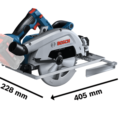 Serra circular BOSCH azul e cinza com lâmina metálica e medidas destacadas