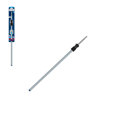 Cabo extensível de metal com ponta azul e pega preta, vendo embalagem azul