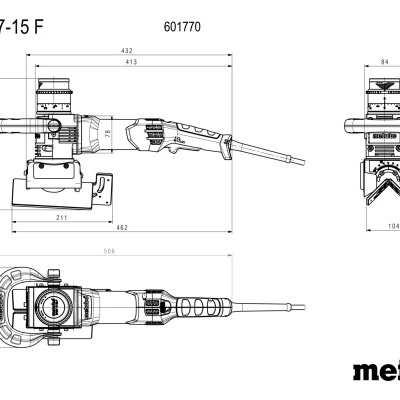 Desenho técnico ferramenta elétrica Metabo KFMV 17-15 F com medidas