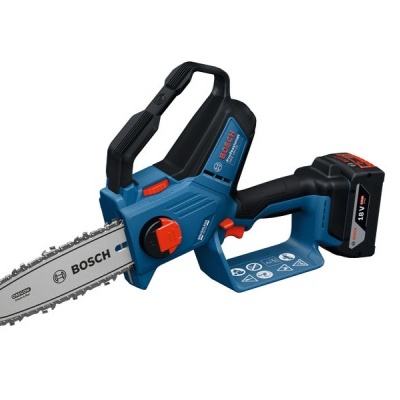 Motosserra elétrica BOSCH azul e preto com bateria e corrente metálica