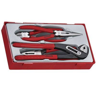 Conjunto de ferramentas com cabos vermelhos e pretos numa caixa vermelha