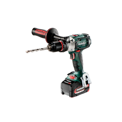 Furadeira/parafusadora Metabo verde, preta e vermelha com broca e bateria