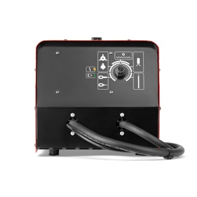 Máquina elétrica preta e vermelha com botões e cabos