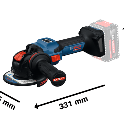 Esmeril angular Bosch Expert azul, preto e vermelho com dimensões indicadas