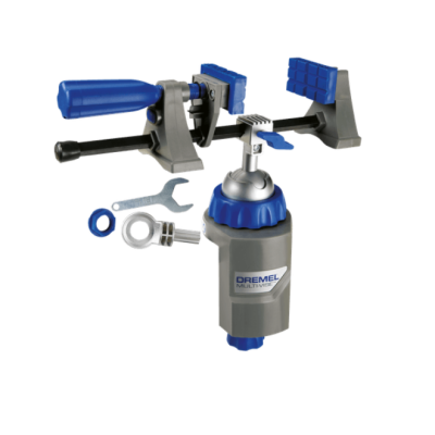 Ferramentas Dremel Multi-Vise cinza e azul com chave e adaptadores