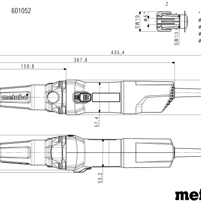 Desenho técnico ferramenta elétrica Metabo G400 com dimensões em milímetros