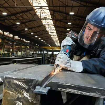 Trabalhador com capacete e viseira a cortar metal numa fábrica grande e bem iluminada