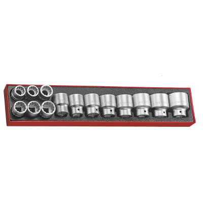 Conjunto de soquetes metálicos organizados numa bandeja vermelha