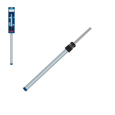 Varão telescópico em metal prateado com ponteira azul e suporte preto e embalagem azul