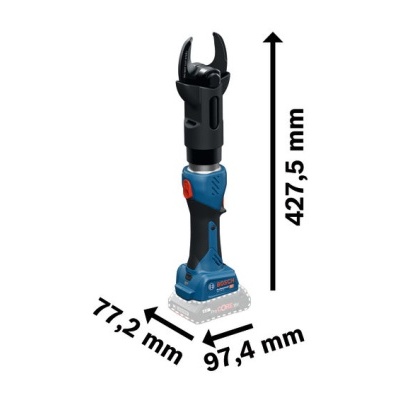 Ferramenta elétrica Bosch azul e preta com medidas destacadas
