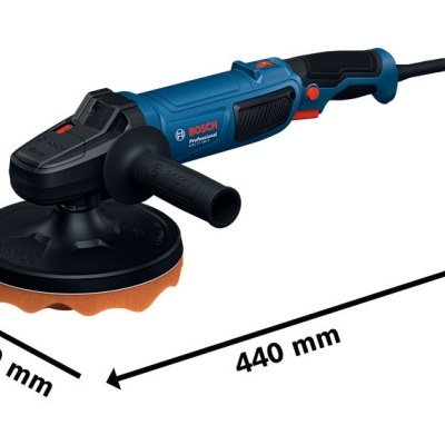 Politriz Bosch azul e preta com base laranja e cabo elétrico.