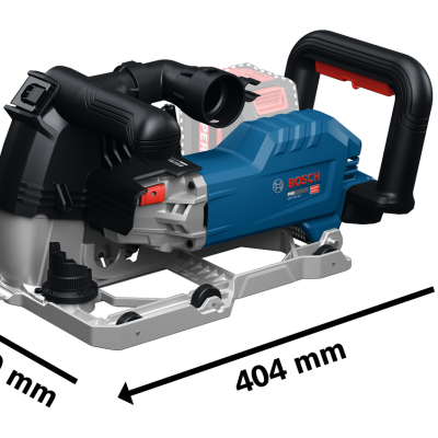 Serra circular elétrica Bosch PRO azul e preta com medidas indicadas