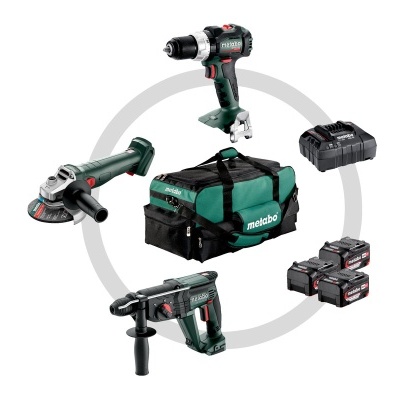 Conjunto de ferramentas elétricas Metabo com furadeira, lixadeira, martelo perfurador, quatro baterias, carregador e bolsa verde e preta.