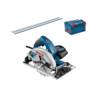 Serra circular Bosch azul com acessório e caixa de ferramentas