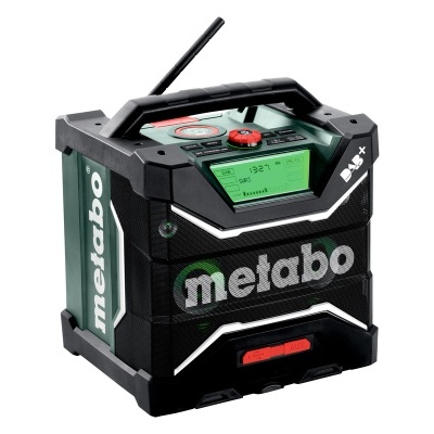Rádio portátil Metabo preto e verde com antena e visor digital